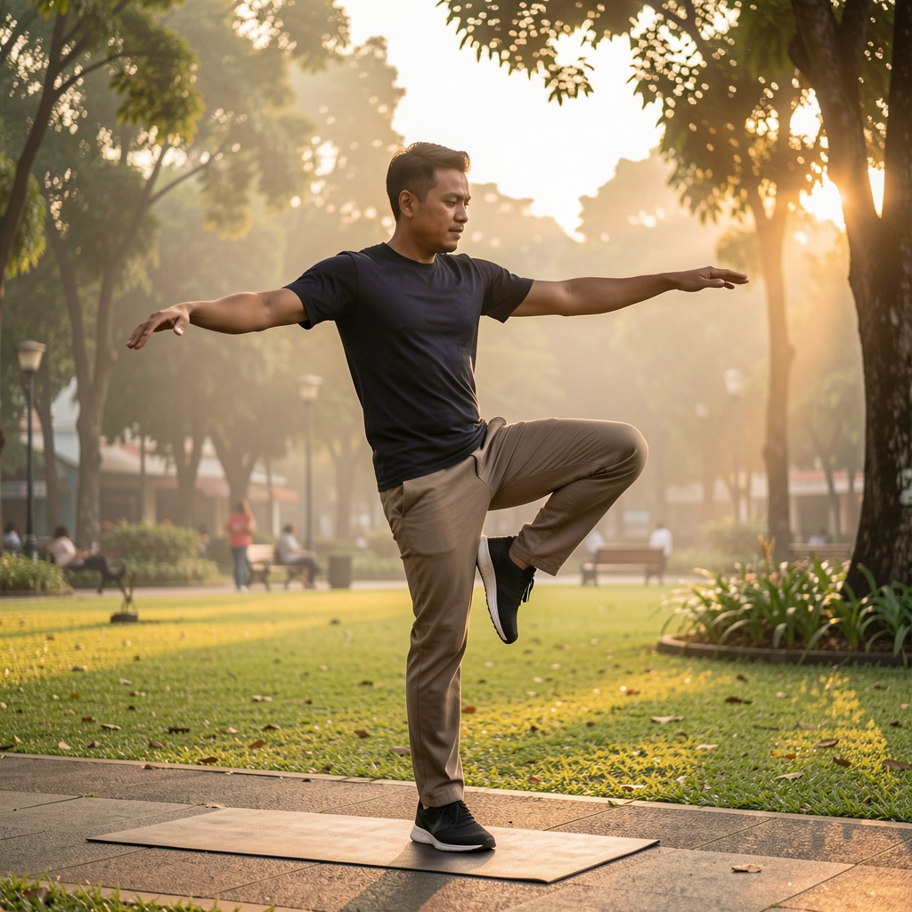 Man performing a single-leg balance exercise outdoors in a Jakarta park during early morning golden hour