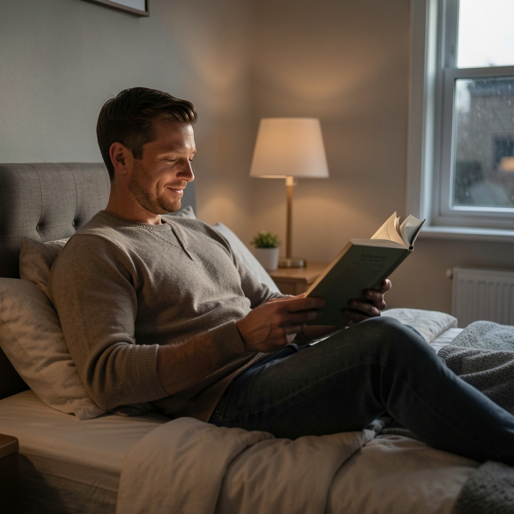 Man in relaxed seated posture reading in a dim ambient lit room as part of a pre-sleep wind-down routine