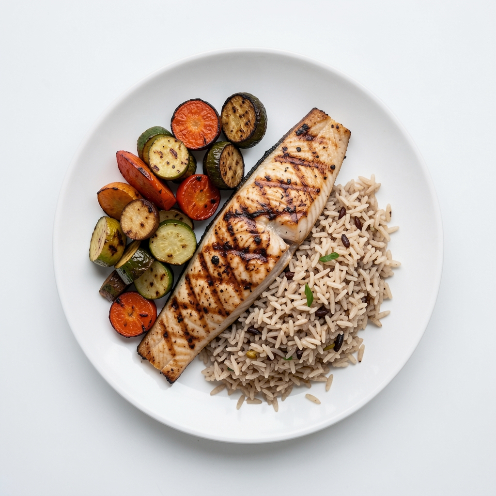 Balanced meal plate with grilled fish, roasted vegetables, and wholegrain rice photographed from above on a clean white surface