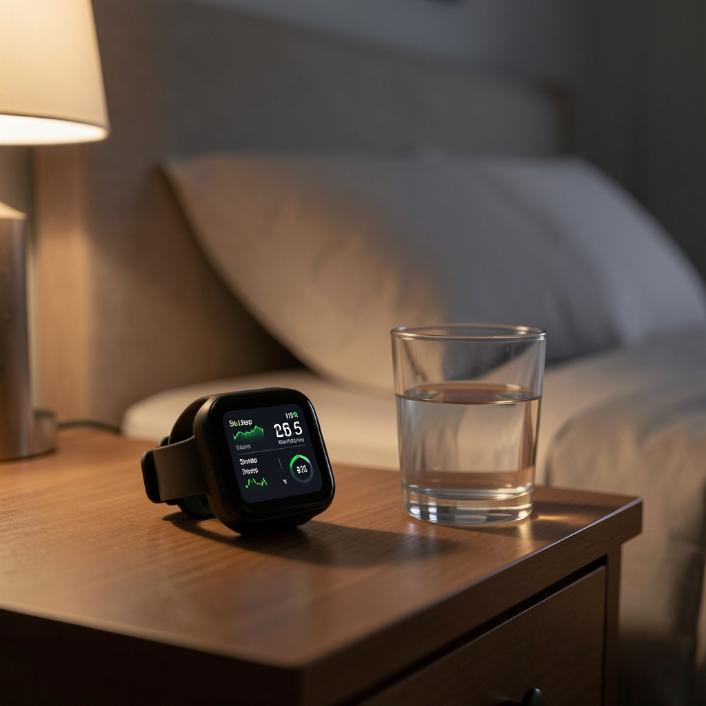 Wearable fitness tracker displaying sleep metrics on a bedside table next to a glass of water in a dimly lit bedroom