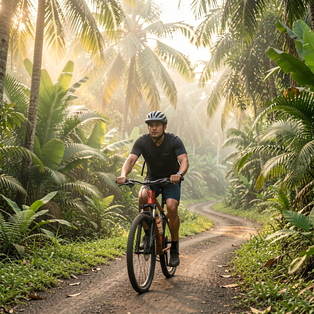 Man cycling on a weekend trail path through lush tropical greenery near Jakarta during the early morning hours