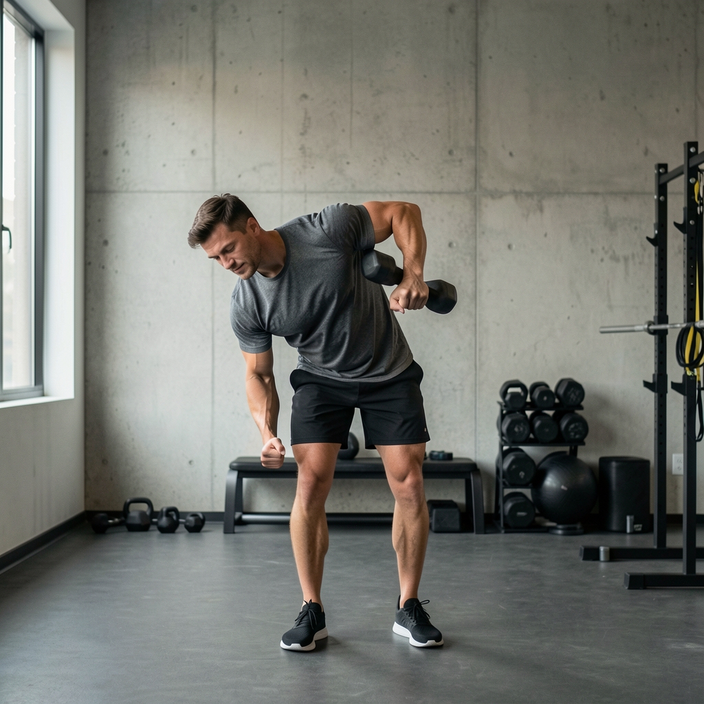 Man performing a single-arm farmer carry exercise in a functional training studio with concrete walls and minimal equipment