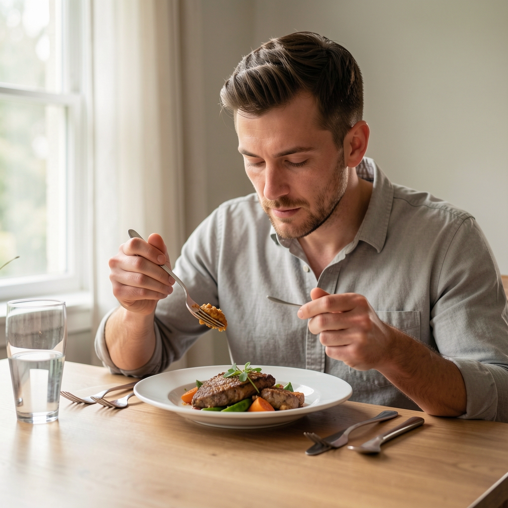 Man practising mindful eating at a dining table with no phone or screens, focused entirely on a well-prepared meal in natural daylight