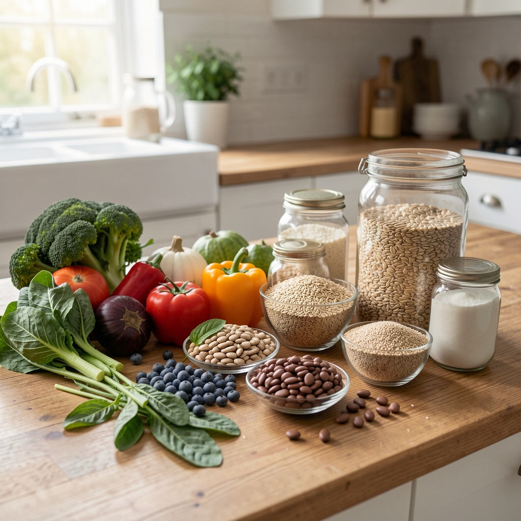 Sustainable meal prep ingredients laid out including seasonal vegetables, legumes and whole grains on a wooden kitchen bench in natural daylight